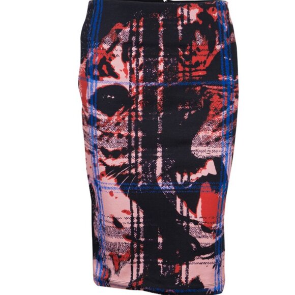 McQ by Alexander McQueen Tiger Print Black Pencil Skirt, Blue-Pink Plaid Sz Sm